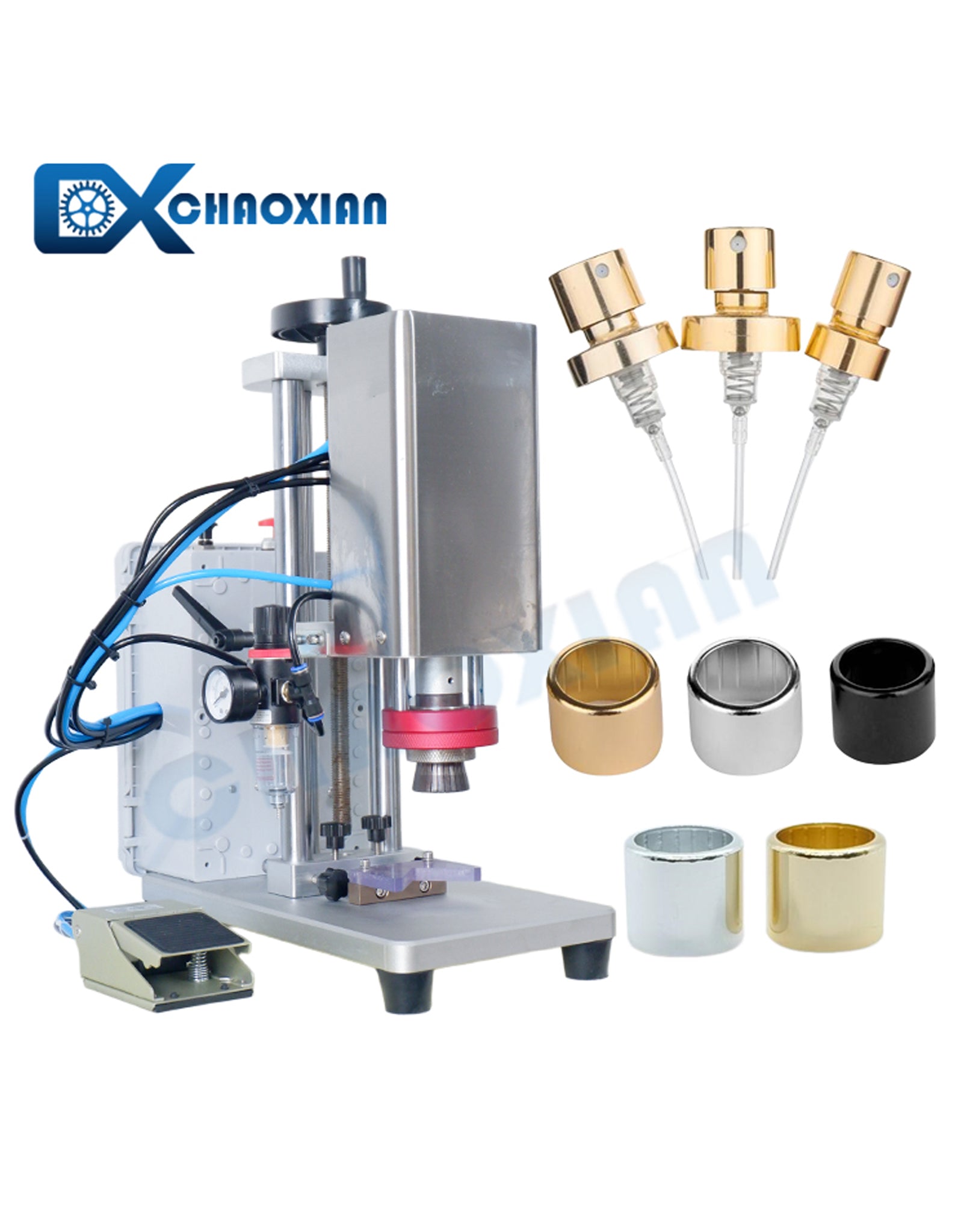 CX Semi Automatic / Automatic Perfume Pump Crimping Collar Pressing 2 IN 1 Capping Perfume Bottle Sealing Machine
