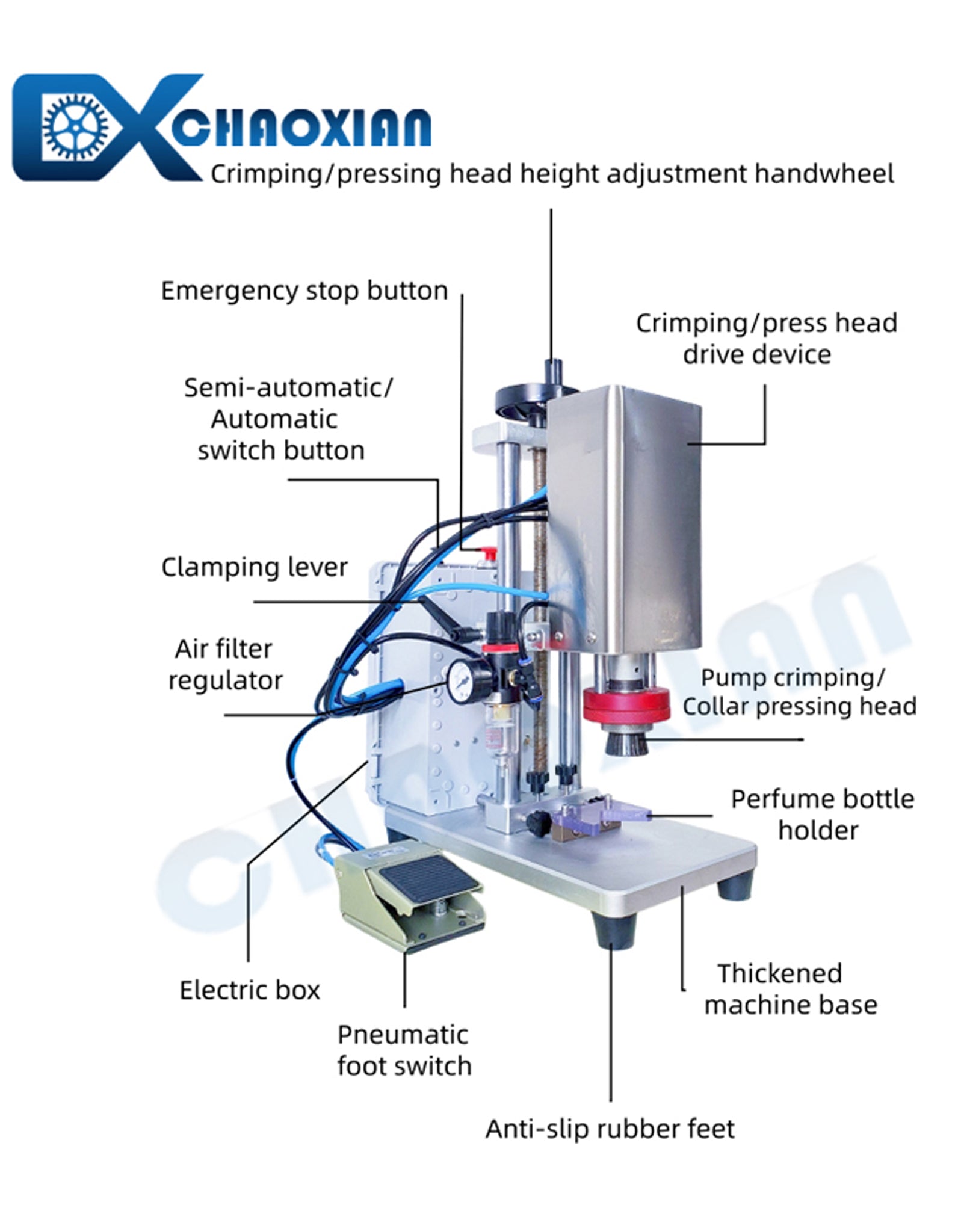 CX Semi Automatic / Automatic Perfume Pump Crimping Collar Pressing 2 IN 1 Capping Perfume Bottle Sealing Machine