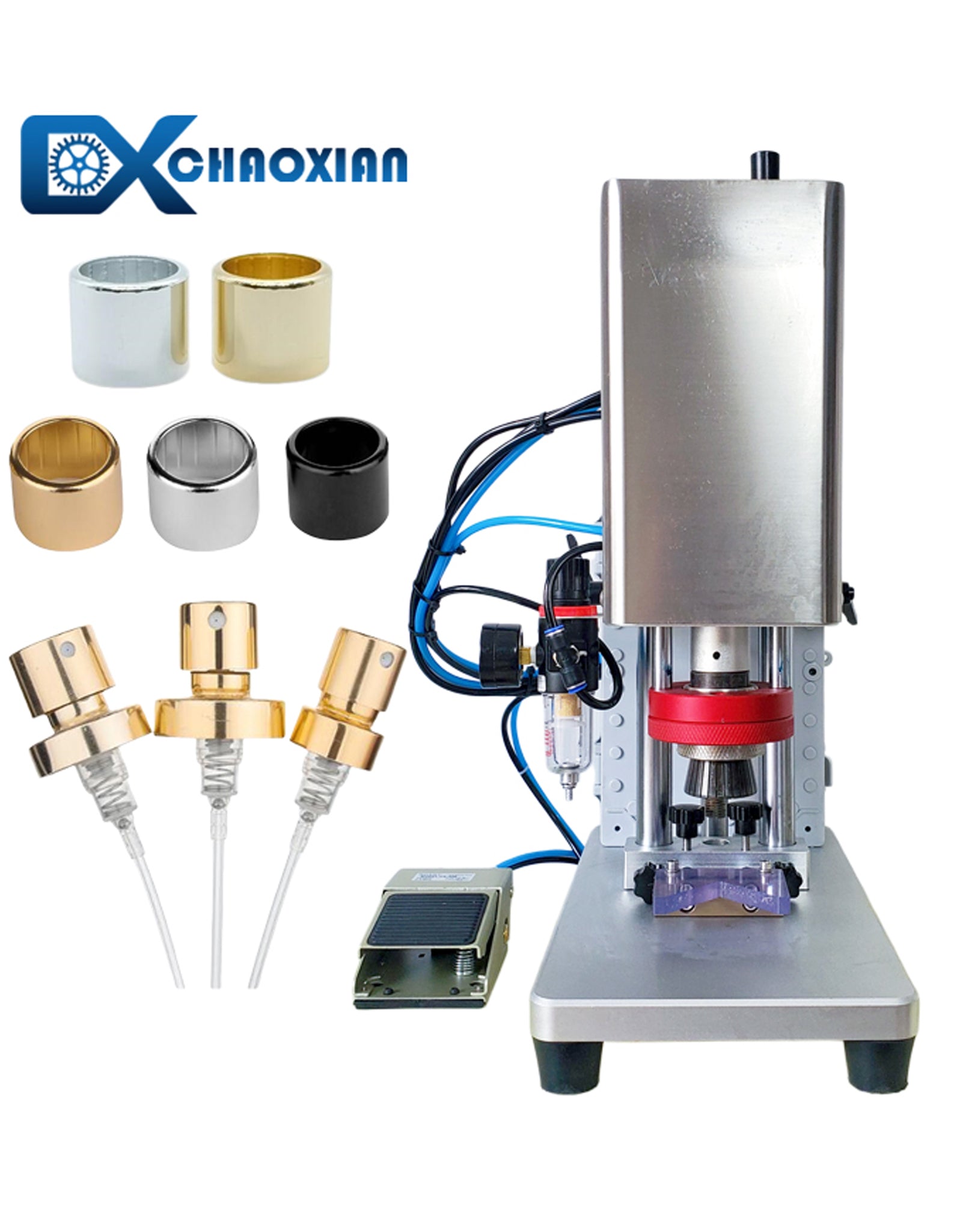 CX Semi Automatic / Automatic Perfume Pump Crimping Collar Pressing 2 IN 1 Capping Perfume Bottle Sealing Machine