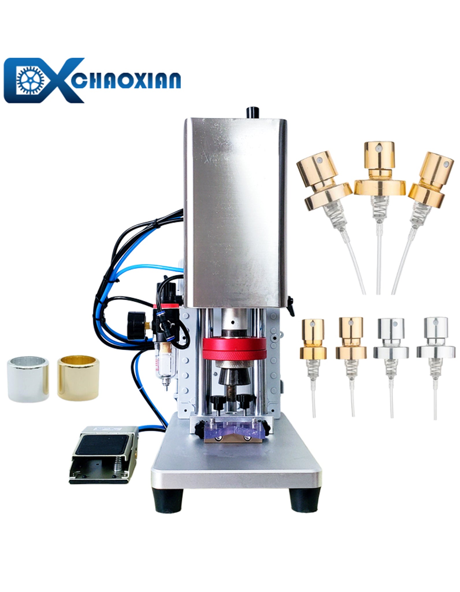 CX Semi Automatic / Automatic Perfume Pump Crimping Collar Pressing 2 IN 1 Capping Perfume Bottle Sealing Machine