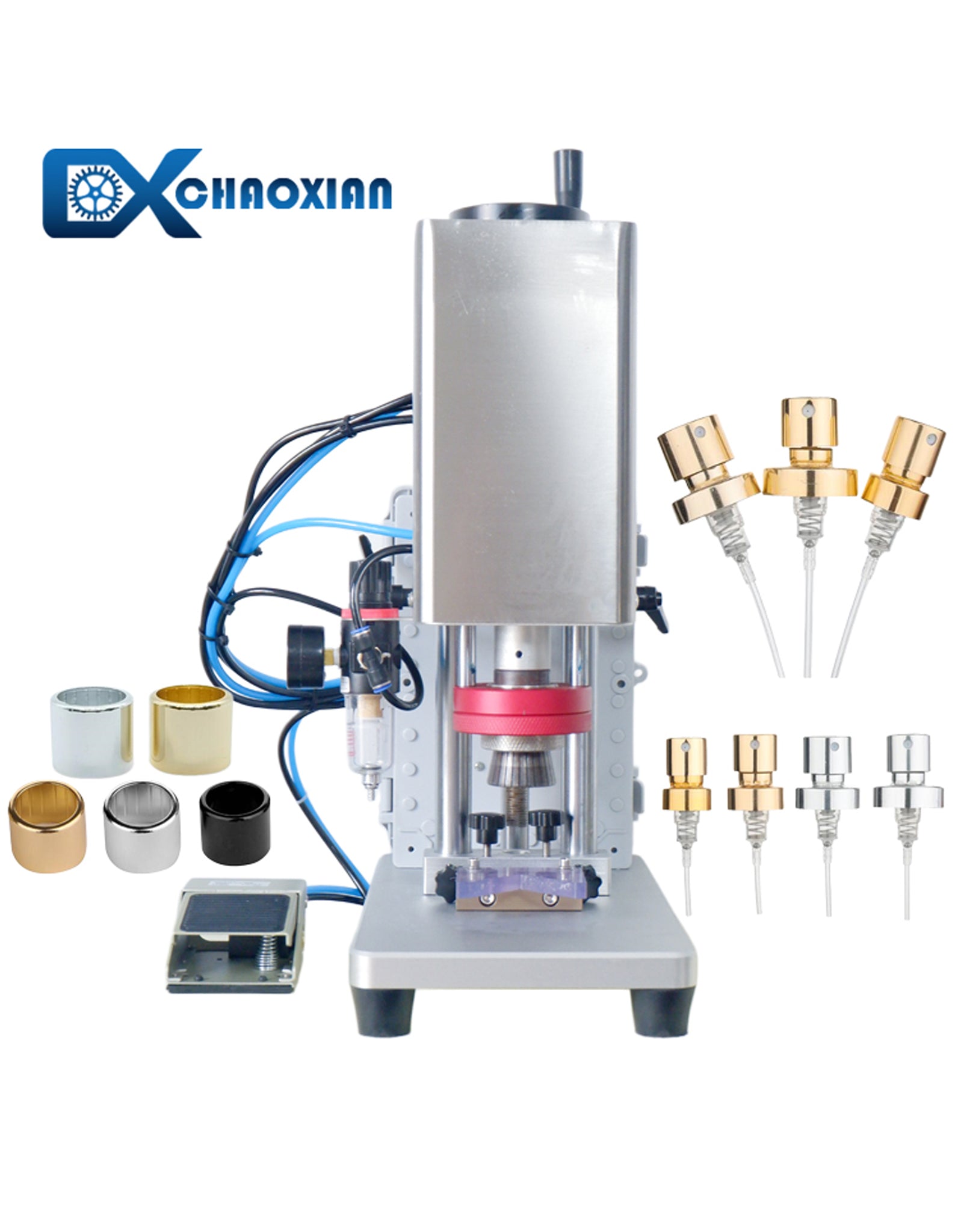 CX Semi Automatic / Automatic Perfume Pump Crimping Collar Pressing 2 IN 1 Capping Perfume Bottle Sealing Machine